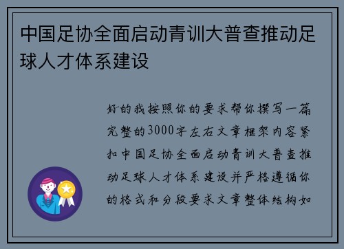 中国足协全面启动青训大普查推动足球人才体系建设